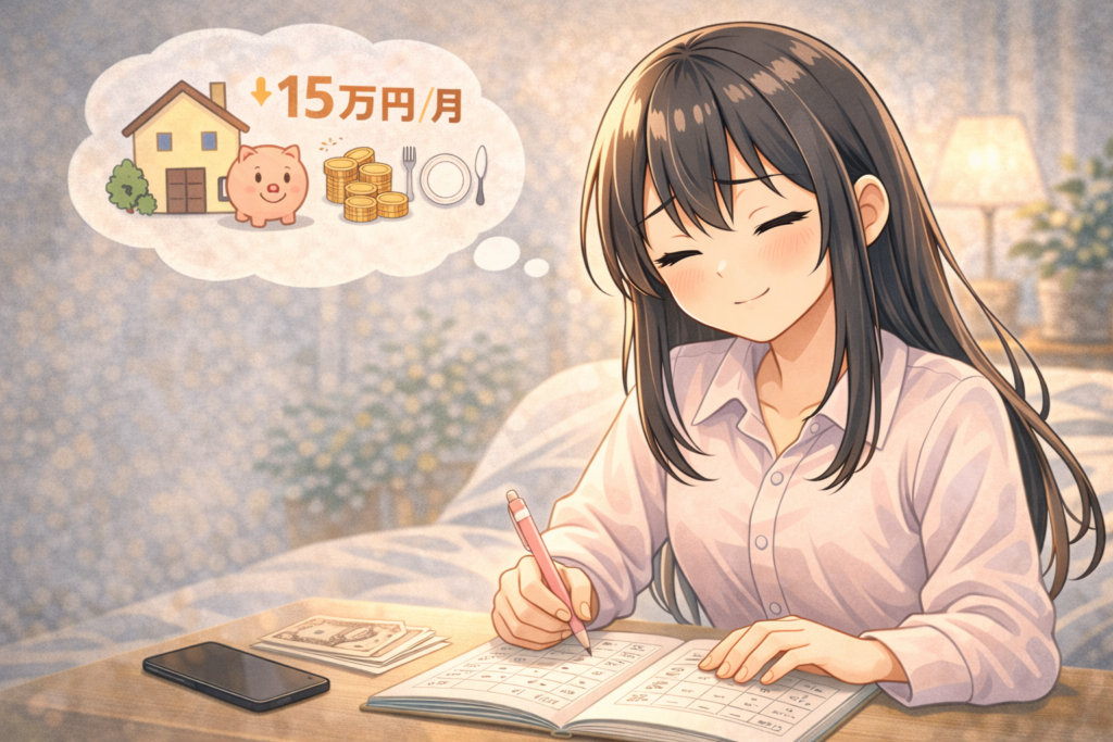 月15万円生活で安心して家計管理をしている積みちゃんのイラスト