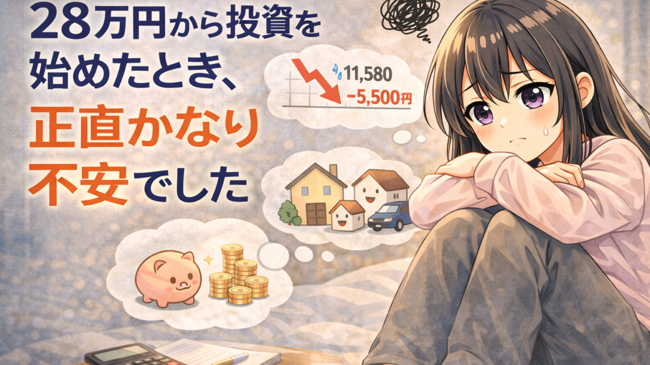 28万円から投資を始めたときの不安を表した積みちゃんのイラスト