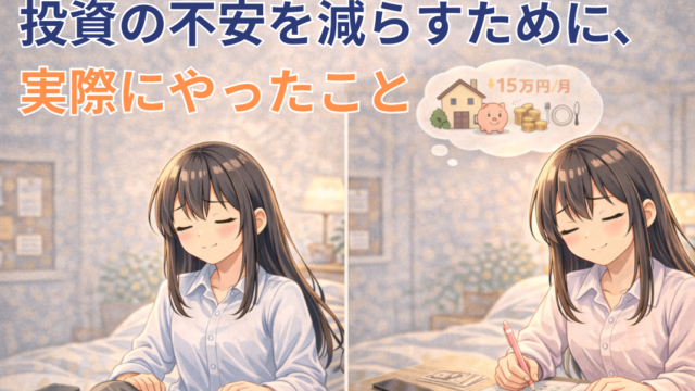 投資の不安を減らすために行動を見直している積みちゃんのイラスト