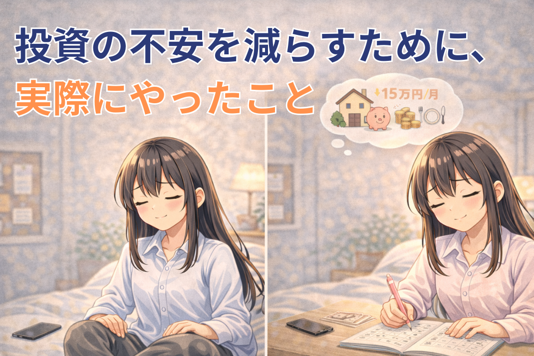 投資の不安を減らすために行動を見直している積みちゃんのイラスト