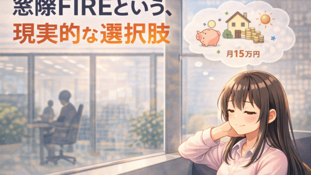 窓際で落ち着いて将来を考える積みちゃんが、現実的なFIREをイメージしているイラスト